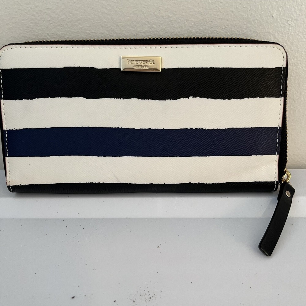 Kate Spade‎ Zip Around Organizer Clutch Wallet Navy and Cream Stripe— Color Flaw